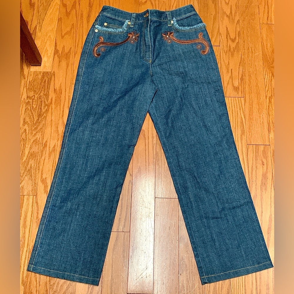 Y2K Vintage Women’s 8 St. John Silk Embroidered Premium Denim Blue Jeans